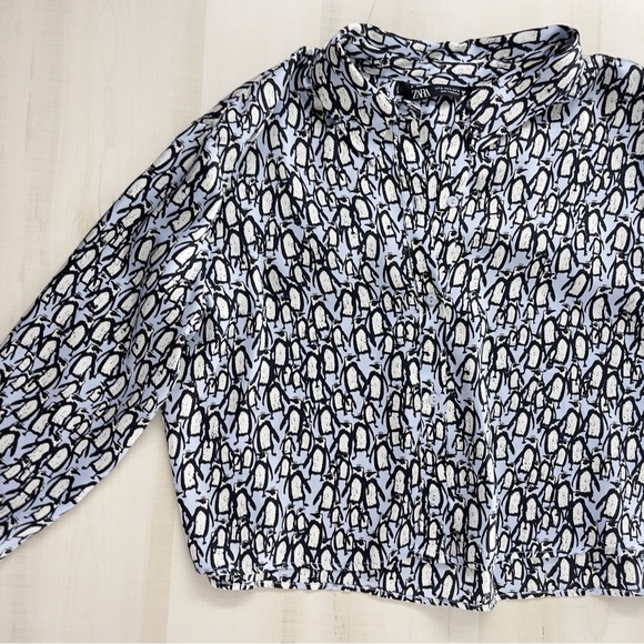 rare ZARA printed penguin blouse crop work career M - Picture 4 of 7